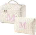 HBselect 2Pcs Initial Quilted Makeup Bag, Pink Cosmetic Travel Toiletry Bag, Flowers Coquette Zipper Make Up Pouch Organizer Teen Girl Gift Trendy Stuff M