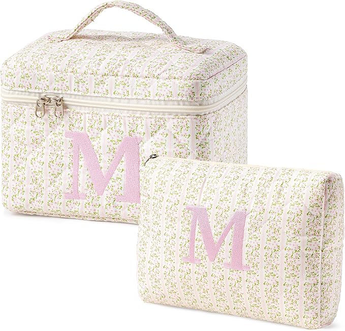 HBselect 2Pcs Initial Quilted Makeup Bag, Pink Cosmetic Travel Toiletry Bag, Flowers Coquette Zipper Make Up Pouch Organizer Teen Girl Gift Trendy Stuff M