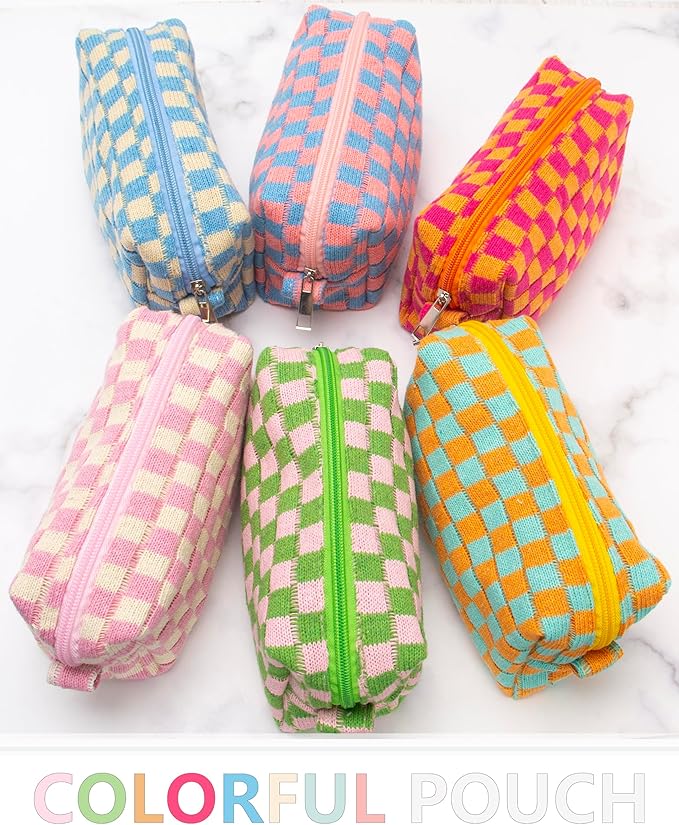 PAZIMIIK 6PCS Checkered Makeup Bag for Purse Portable Zipper Make Up Pouch Small Cosmetic Case for Travel Accessories Orange Green