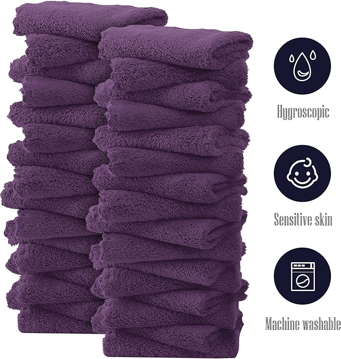 32 Pack Baby Washcloths - Luxury Coral Fleece - Extra Absorbent and Soft Wash Clothes for Newborns, Infants and Toddlers - Suitable for Sensitive Skin and New Born - Baby Shower - Plum, 10x10 Inch