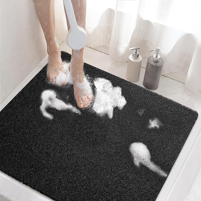 HITSLAM Square Shower Mat Non Slip, Bath Tub Mat for Textured Surface, Soft PVC Loofah Bathtub Mats Without Suction Cups, Quick Drying Shower Floor Mat, 24 x 24 Inch Bathroom Accessories, Black