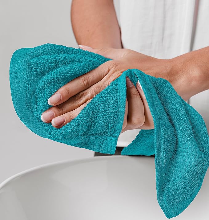 White Classic Luxury Cotton Washcloths 13x13 Inch - 650 GSM Turkish Cotton | Hotel, Spa, Bathroom Face Towel | 12 Pack, Aqua Blue