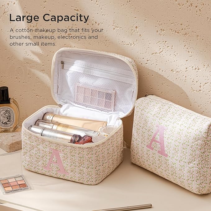 HBselect 2Pcs Initial Quilted Makeup Bag, Pink Cosmetic Travel Toiletry Bag, Flowers Coquette Zipper Make Up Pouch Organizer Teen Girl Gift Trendy Stuff M