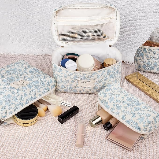 Quilted Makeup Bag Set, Large Floral Cosmetic Bag for Women, Cute Cotton Makeup Bag, Flower Travel Toiletry Organizer Bag. (Navy Blue)
