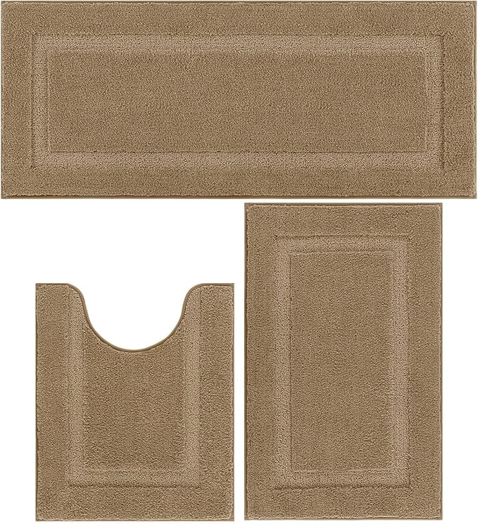 SHACOS Soft Fluffy Bathroom Runner Rugs Set of 3 Bath Mats with U Shape Toilet Rugs Non Slip Washable Bath Rugs Absorbent Bathroom Accessories Carpet for Shower Tub, Khaki
