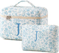 HBselect 2Pcs Initial Quilted Cotton Large Travel Cute Floral Coquette Makeup Cosmetic Toiletry Bag for Women Girls