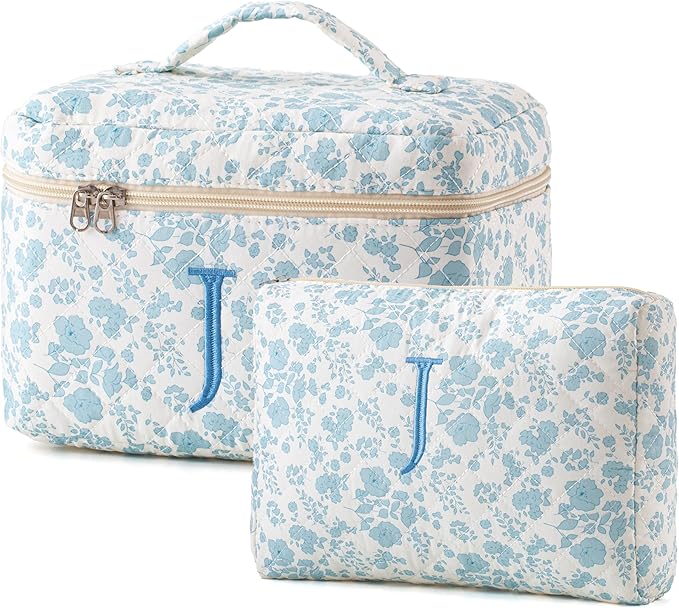 HBselect 2Pcs Initial Quilted Cotton Large Travel Cute Floral Coquette Makeup Cosmetic Toiletry Bag for Women Girls