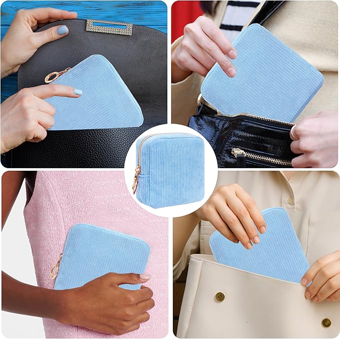 Period Bag for Girls, Corduroy Sanitary Napkin Storage Bag, Period Pouch & Tampon Holder, Feminine Care Organizer（Bule）