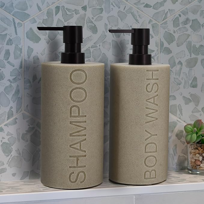 Resin 2 Pack Shampoo, Conditioner or Body Wash Dispenser Set, Luxurious Refillable Pump Bottles with Matte Pump Top and Embossed Text, Durable Design for Bathroom and Shower