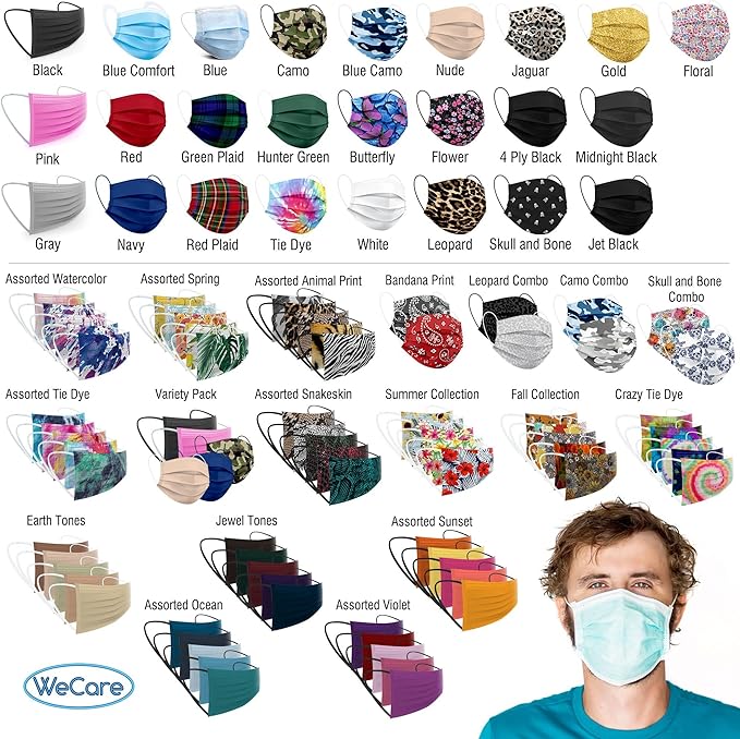 WECARE Disposable Face Mask Individually Wrapped - 50 Pack, Printed Masks - 3 Ply