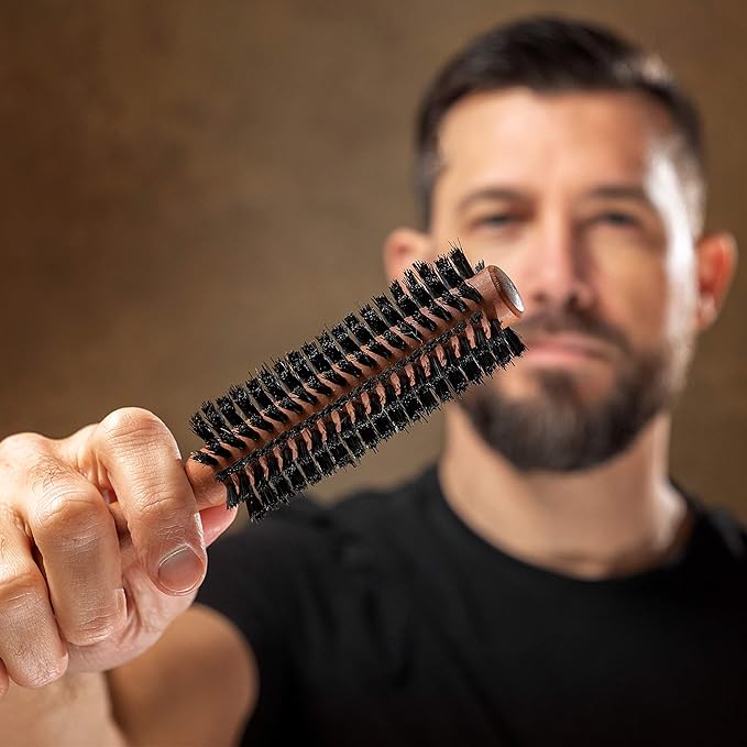 ZilberHaar - Styler Hair and Beard Round Brush - 1.3 Inch Stiff Boar Bristles and 8.5 Inch Pearwood Handle - 222 Plugs of Bristles - Beard Grooming Brush for Men