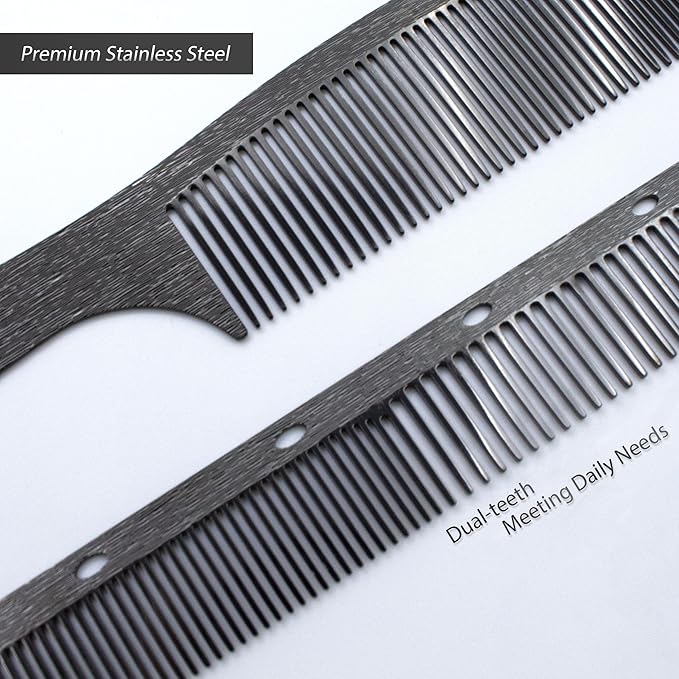 2 Pcs Black Metal Comb, Stainless Steel Fine Tooth Comb, Anti Static comb, Heat Resistant, Professional Barber Comb Set, hair combs for men, Wood Grain Design