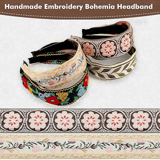 EBOOT 4 Pieces Boho Headband for Women Embroidery Wide Hair Band Bohemia Floral Knotted Wide Headbands Vintage Ethnic Style Girls Accessories(Classic Pattern)