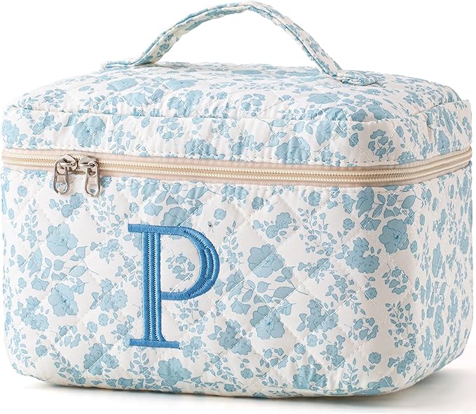 HBselect Initial Quilted Makeup Bag, Cotton Large Travel Makeup Bag, Cute Floral Coquette Make up Bag Cosmetic Bag Toiletry Bag for Women Girls P