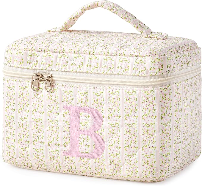 HBselect Initial Quilted Makeup Bag, Pink Cosmetic Travel Toiletry Bag, Flowers Coquette Zipper Make Up Pouch Organizer Teen Girl Gift Trendy Stuff B
