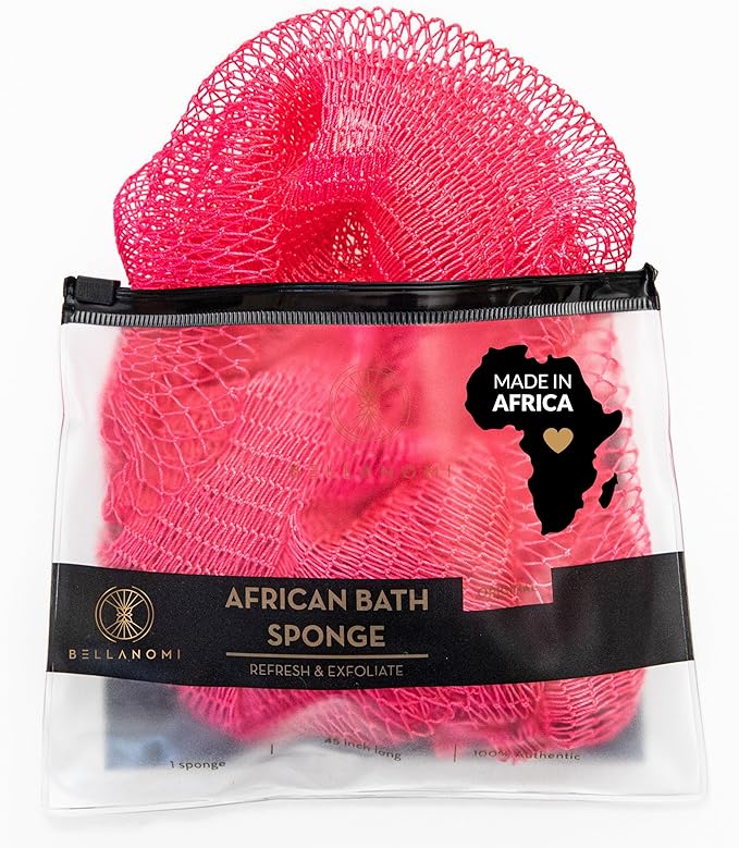 BELLANOMI African Exfoliating Net Sponge, Authentic, Ethically sourced from Nigeria, 45 inches Long, Back Scrubber for Daily use (Pink)