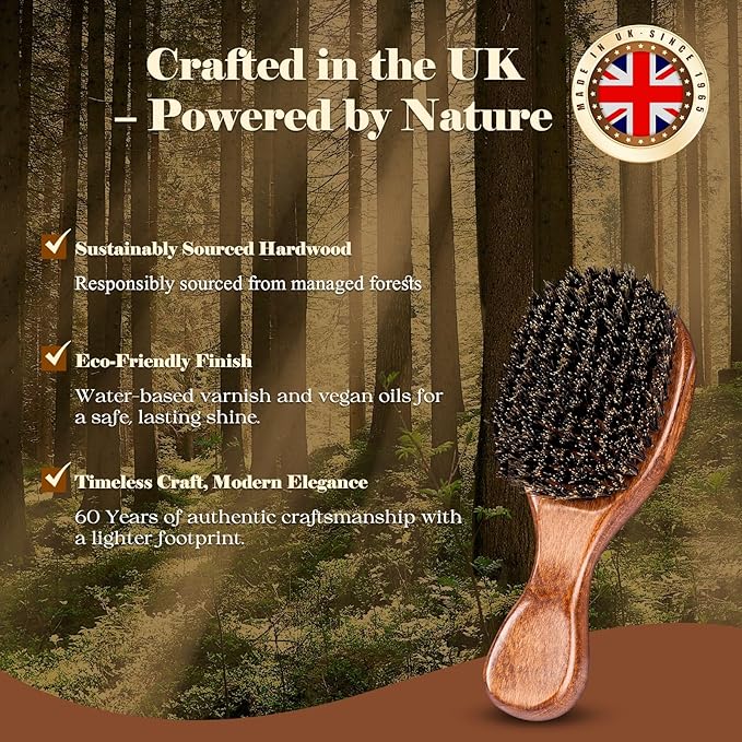 Small Boar Bristle Hair Brush Since 1965 British Craftsmanship, Handmade Natural Wooden Mini Hairbrush/Beard Brush, Pure Soft Bristles Gentle Detangling Women Men Kids Thin Fine Hair, Smooth & Shine