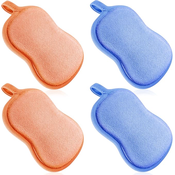 Tatuo 4 Pieces Baby Bath Sponge Cotton Baby Sponge Toddler Soft and Absorbent Loofah for Kids Babies Men Women(Orange,Blue)