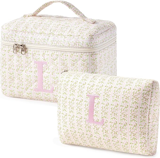 HBselect 2Pcs Initial Quilted Makeup Bag, Pink Cosmetic Travel Toiletry Bag, Flowers Coquette Zipper Make Up Pouch Organizer Teen Girl Gift Trendy Stuff L