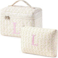 HBselect 2Pcs Initial Quilted Makeup Bag, Pink Cosmetic Travel Toiletry Bag, Flowers Coquette Zipper Make Up Pouch Organizer Teen Girl Gift Trendy Stuff L