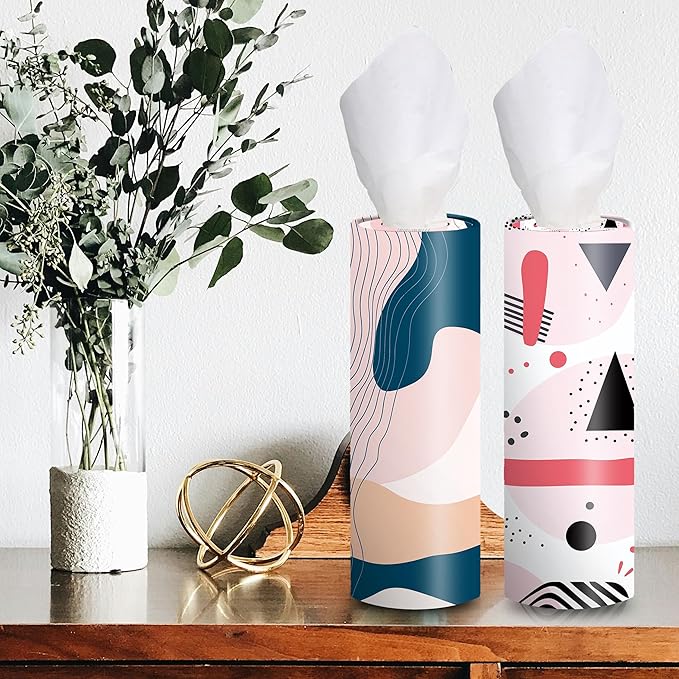 4-Pack Car Tissue Cylinders - 1980s Geometric Pattern, Fits Car Cup Holders, Travel Tissue Tubes with Facial Tissues (Geometric Design)
