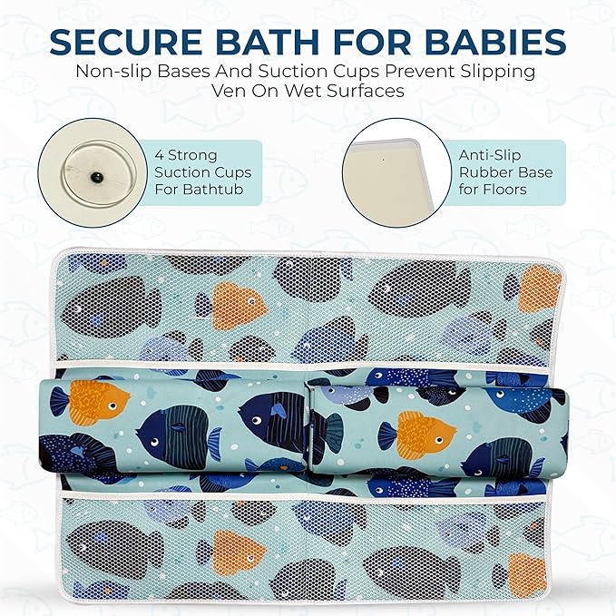 TubbieBuddies Bath Kneeler and Elbow Rest Pad Set – Fish-Themed Baby Bath Cushion with 4 Large Mesh Storage Pockets – Thick Non-Slip Foam, Suction Cups, & Foldable for Easy Storage