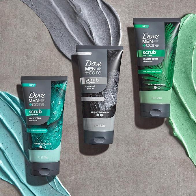 DOVE MEN + CARE Body and Face Scrub Eucalyptus Deeply Exfoliates for Hydrated & Nourished Skin 100% Gentle Cleanser, No Sulfate Cleansers or Parabens 9 oz (Pack of 4)