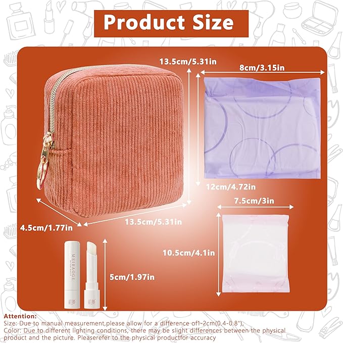 Period Bag for Girls, Corduroy Sanitary Napkin Storage Bag, Period Pouch & Tampon Holder, Feminine Care Organizer（Orange）
