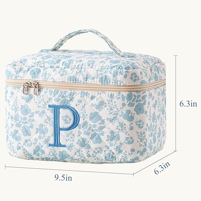 HBselect Initial Quilted Makeup Bag, Cotton Large Travel Makeup Bag, Cute Floral Coquette Make up Bag Cosmetic Bag Toiletry Bag for Women Girls P