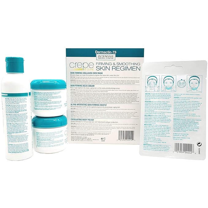 Dermactin Crepe Be Gone Firming & Smoothing Skin Regimen 4-PC Set - Includes Skin Firming Neck Cream, Hydrating Skin Firming Soufle, Exfoliating Body Polish & Collagen Chin Mask