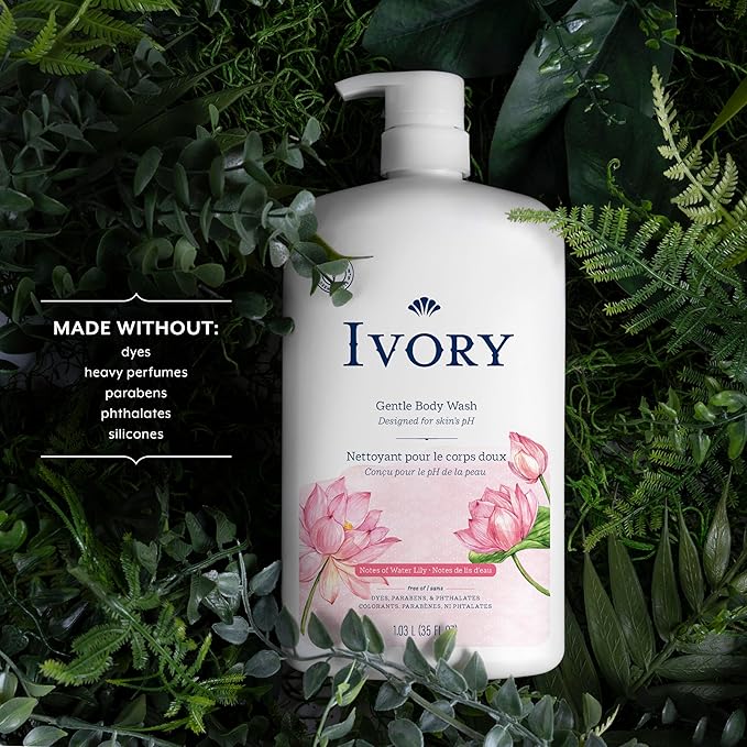 Ivory Body Wash, Designed for the Whole Family, Gentle Formula, Free of Dyes Heavy Perfumes Parabens Phthalates & Silicones, Designed for Skin's pH, Water Lily Scent, 35 oz