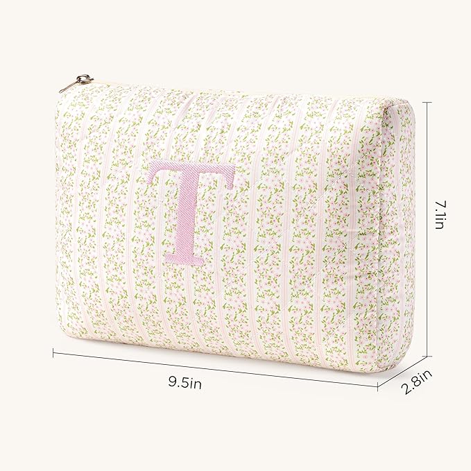 HBselect Initial Quilted Makeup Bag, Pink Cosmetic Travel Toiletry Bag, Flowers Coquette Zipper Make Up Pouch Organizer Teen Girl Gift Trendy Stuff T