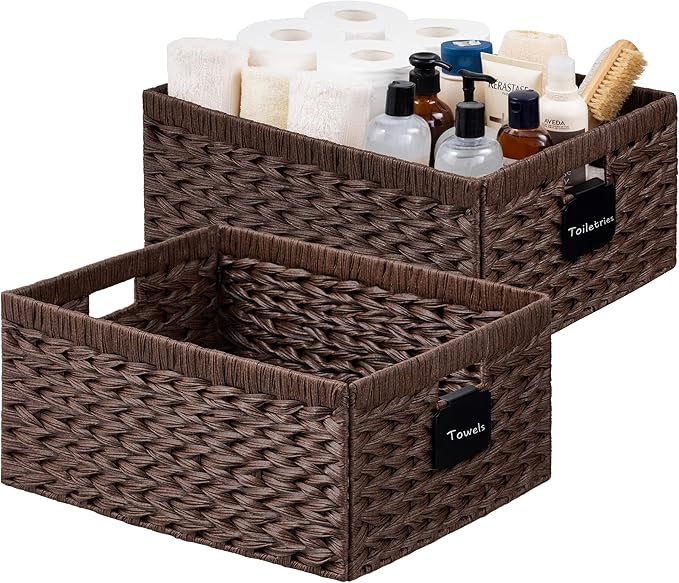 UBBCARE Storage Baskets with Label, Wicker Pantry Baskets for Shelves, Waterproof Woven Basket for Organizing, 2-Pack Plastic Rectangle Organizers with Handles, Dark Brown (16.5L×13W×7.5H)