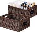 UBBCARE Storage Baskets with Label, Wicker Pantry Baskets for Shelves, Waterproof Woven Basket for Organizing, 2-Pack Plastic Rectangle Organizers with Handles, Dark Brown (16.5L×13W×7.5H)