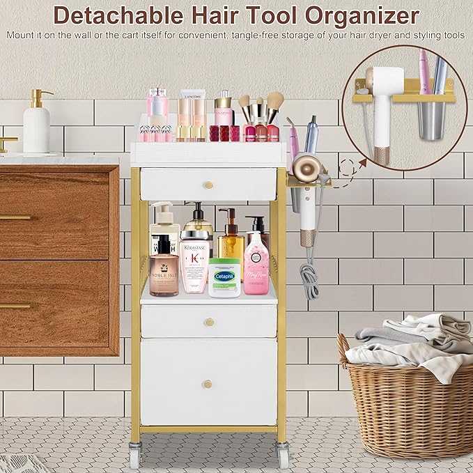 Makeup Organizer Cart with Adjustable Dividers, 3-Drawer Cosmetic Storage Cart with Lockable Wheels & Detachable Hair Tool Holder, Mobile Vanity Organizer for Small Spaces, Gold & White
