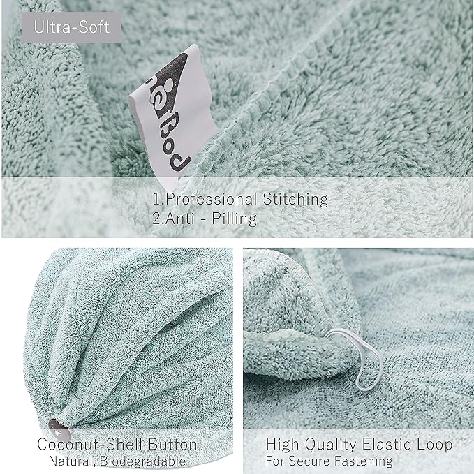 myHomeBody Hair Towel Wrap, Luxury Quick Drying Turban, Ultra Soft Absorbent Charcoal Fiber Cap, with Coconut Shell Button – Pine Green