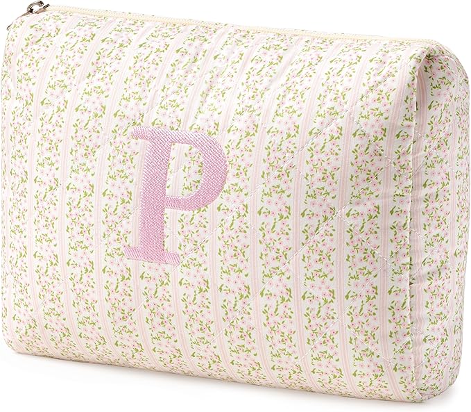HBselect Initial Quilted Makeup Bag, Pink Cosmetic Travel Toiletry Bag, Flowers Coquette Zipper Make Up Pouch Organizer Teen Girl Gift Trendy Stuff P