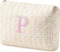 HBselect Initial Quilted Makeup Bag, Pink Cosmetic Travel Toiletry Bag, Flowers Coquette Zipper Make Up Pouch Organizer Teen Girl Gift Trendy Stuff P