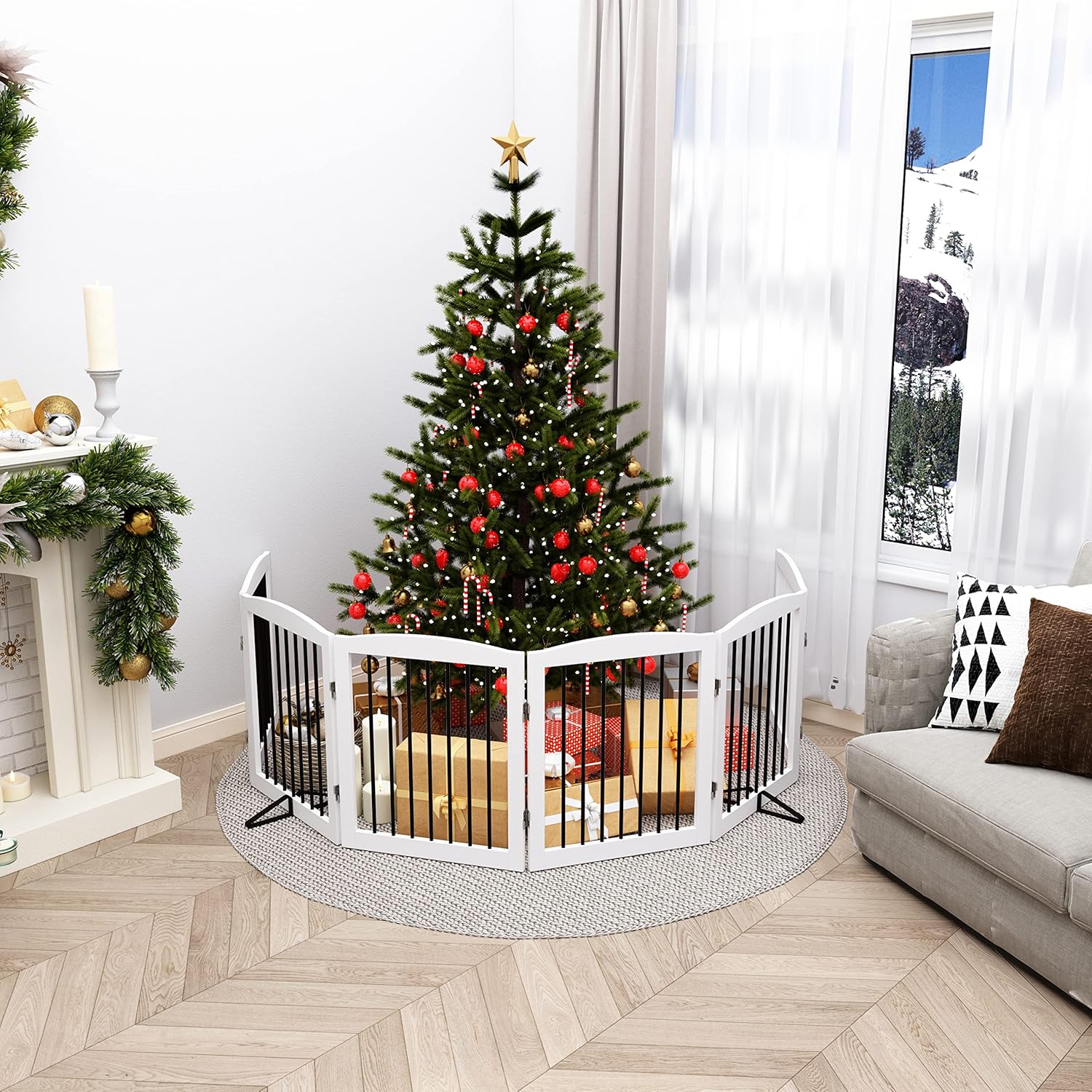 Freestanding Pet Gate for Dogs, Foldable Wooden Dog Gate for House, Extra Wide Indoor Pet Barrier for Stair, Doorway, Hall, Support Feet Included, 120 Inch Wide, 6 Panels 24", White