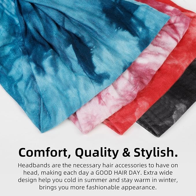 Huachi Tie Dye Headbands for Women, 4 Pack Wide Headbands in Boho Style, Non Slip Hairbands for Workout, Yoga, Running, Hair Accessories for Girls, Women's Hair Turban, African Knotted Head Wraps