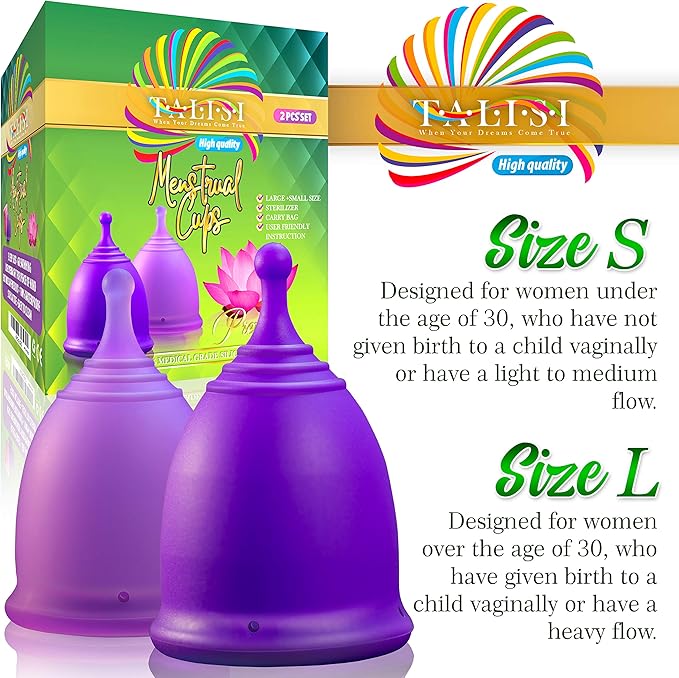 Talisi Reusable Menstrual Cup (Small & Large) Set of 2 with Foldable Silicone Sterilizer, Copa Menstruelle, Soft Period Cup, Heavy & Light Flow, Feminine Hygiene, Tampons, Pads & Disc Alternative