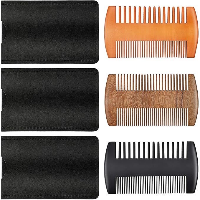 3 Pieces Beard Comb for Men Natural Sandalwood Wooden Mustaches Combs Dual Action Teeth Beard Comb with 3 Pieces Pocket Faux Leather Case for Beards Mustaches(Black, Yellow, Brown)