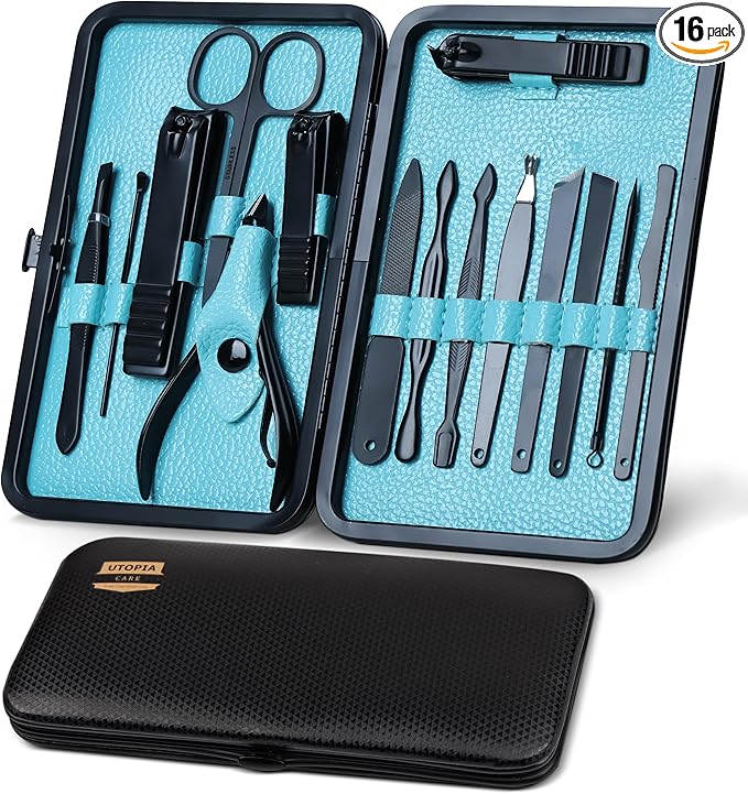 Utopia Care Nail Clippers Professional Nail Kit or Manicure Kit for Women and Men, Stocking Stuffers or Groomsmen Gifts 16Pcs Pedicure Set for Fingernail, Toenail Clippers with Travel Case