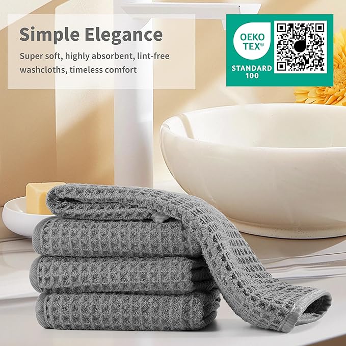 Microfiber Waffle Face Towels, 4 Pieces, Soft, Absorbent, Fast Drying, Lint Free 430 GSM (Gray)