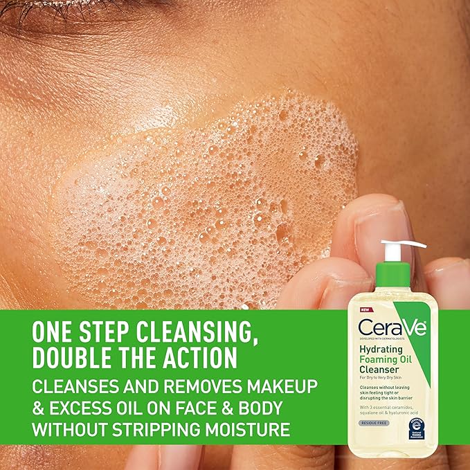 CeraVe Hydrating Foaming Oil Cleanser, Moisturizing Oil Cleanser for Face & Body, Squalane Oil + Hyaluronic Acid + Ceramides, For Dry to Very Dry Skin, Fragrance Free & Residue Free, 19 FL Oz