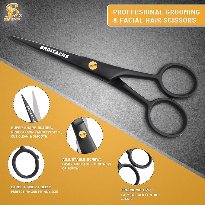 5” Professional Beard and Mustache Scissors, German Steel Beard Scissors Come with Mustache Comb, Beard Comb and Carrying Pouch. Grooming Scissor for All Facial Hair Scissors (Black)