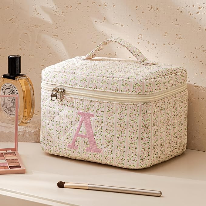HBselect Initial Quilted Makeup Bag, Pink Cosmetic Travel Toiletry Bag, Flowers Coquette Zipper Make Up Pouch Organizer Teen Girl Gift Trendy Stuff K