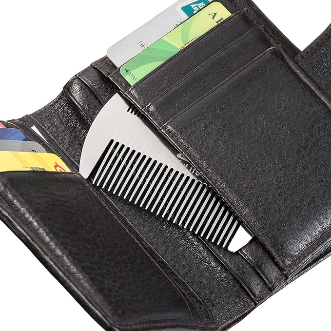 AhfuLife Metal Hair&Beard Comb - EDC Credit Card Size Comb Perfect for Wallet and Pocket - Anti-Static Dual Action Beard Combs - Presented in Gift Box (Stainless Steel Combs)