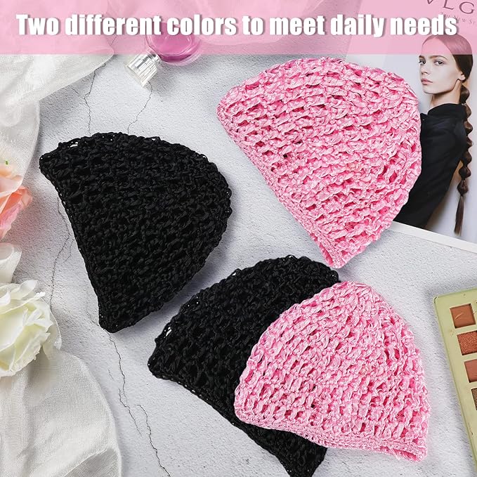 Geyoga 4 Pieces Mesh Crochet Hair Net Rayon Knit Snood Hat Thick Short Women Hairnet Snoods Cover Ornament for Sleeping (Black, Pink)