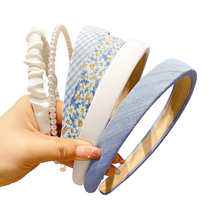 Fashion Headbands Set, 6pcs Pearl Floral Padded Wide Vintage Headbands for Women and Girls (Blue)